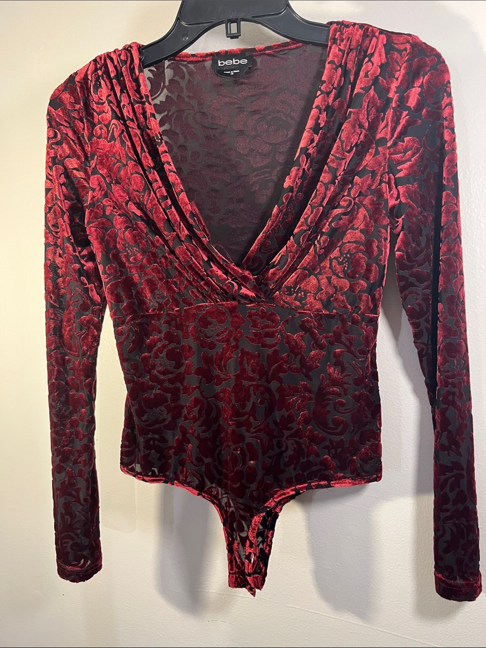 bebe Red Velvet Floral Burnout Long-Sleeve Bodysuit